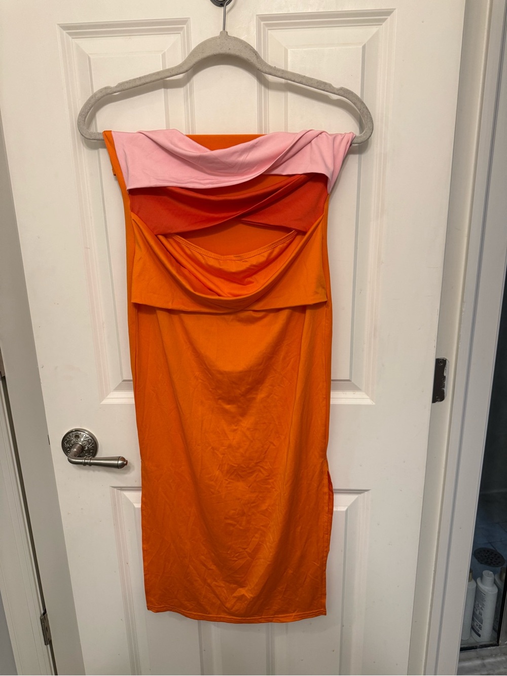 SHEIN Strapless Pink and Orange Draped Bodycon Dress